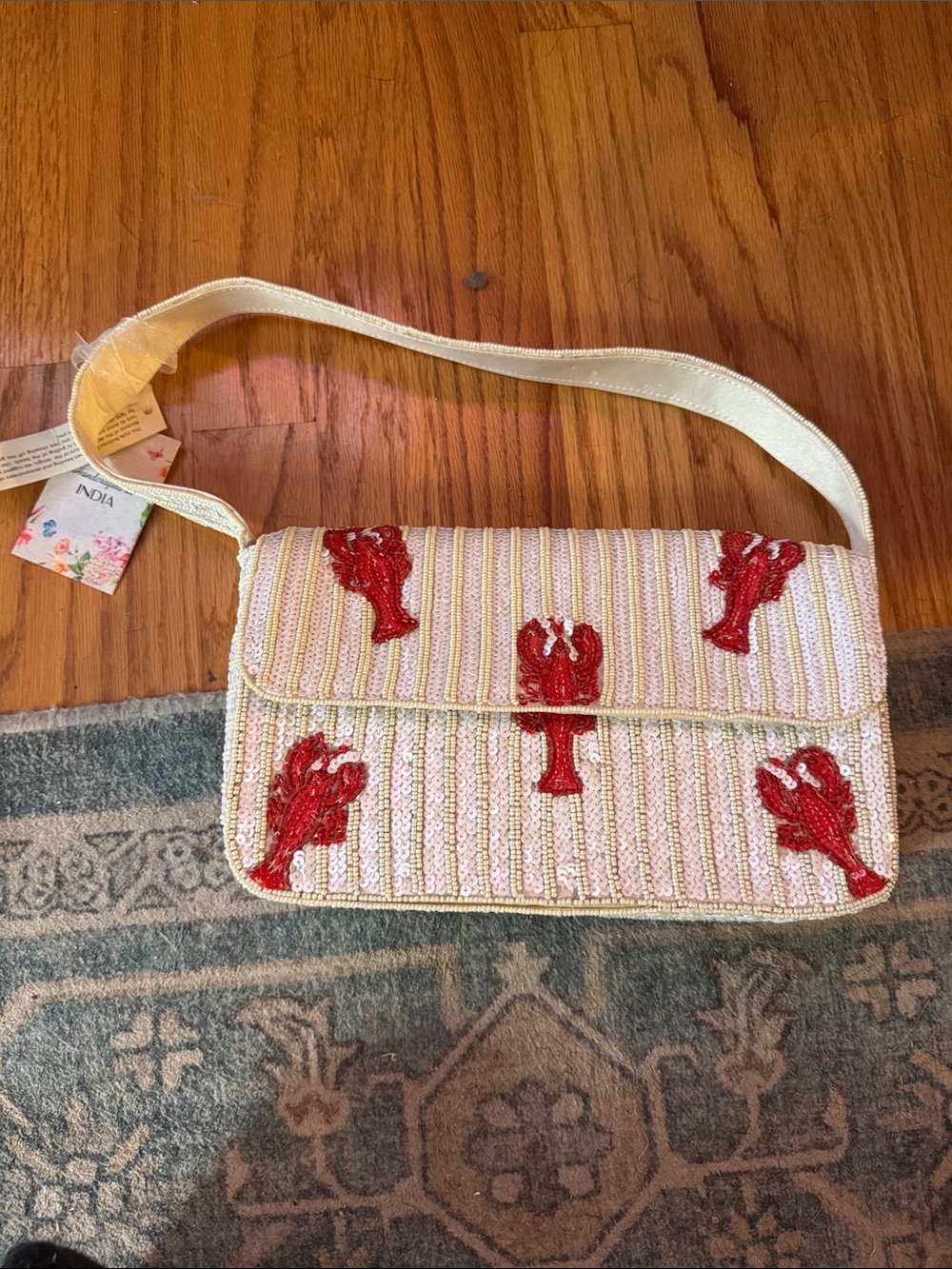 Beaded Pink Stripe Shoulder Bag with Red Lobster Motif